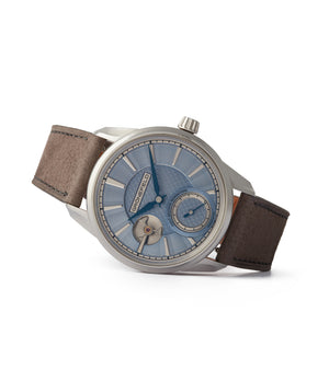 side-shot rare Grönefeld 1941 Remontoire light blue Voutilainen dial eight seconds remontoire time-only dress watch for sale online at A Collected Man London UK specialist of independent watchmakers