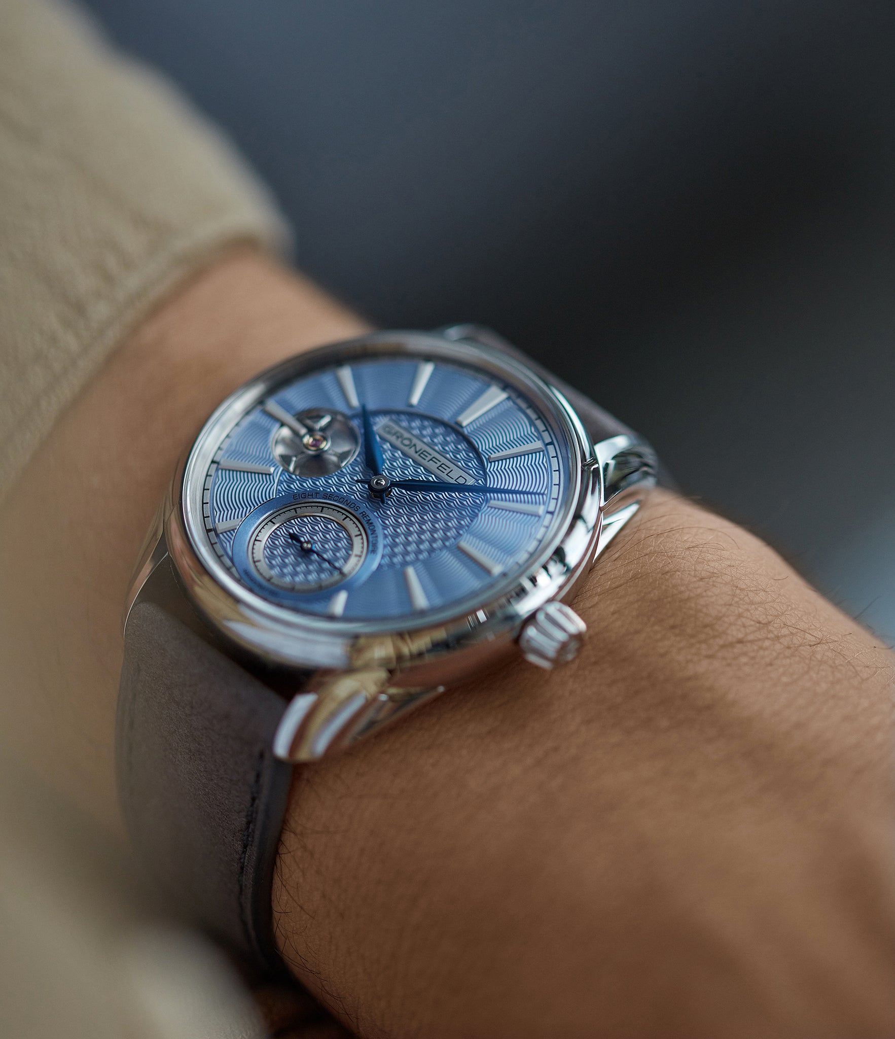 selling Gronefeld 1941 Remontoire light blue Voutilainen dial eight seconds remontoire time-only dress watch for sale online at A Collected Man London UK specialist of independent watchmakers