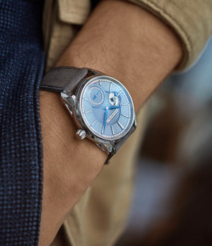 rare Grönefeld 1941 Remontoire light blue Voutilainen dial eight seconds remontoire time-only dress watch for sale online at A Collected Man London UK specialist of independent watchmakers