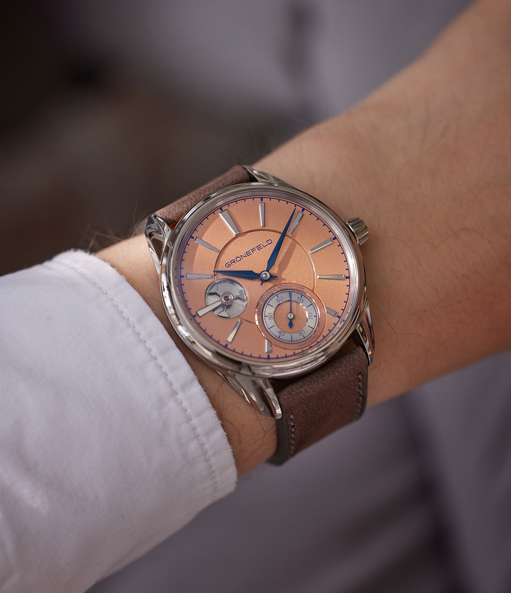 Gronefeld 1941 Remontoire | Salmon Dial | White Gold A Collected Man London | Available Worldwide 