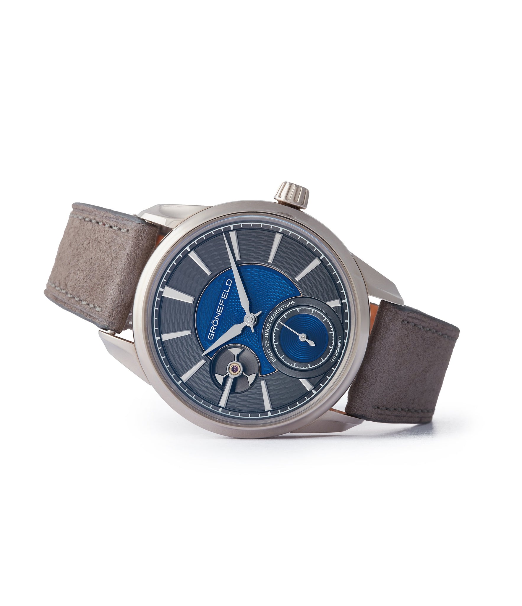 side-shot rare Gronefeld 1941 Remontoire blue grey Voutilainen dial pre-owned for sale online A Collected Man London UK specialist of rare watches