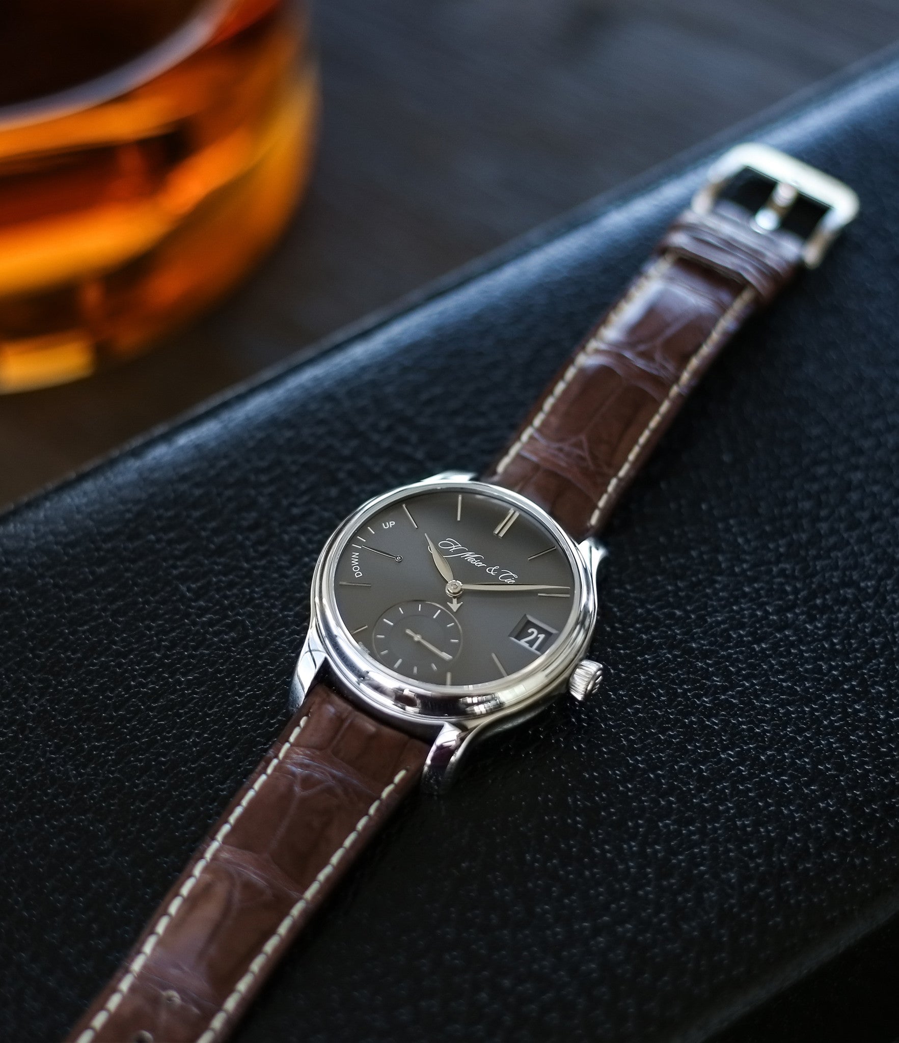 buy H. Moser & Cie. Perpetual Calendar 1341 platinum preowned dress watch at A Collected Man