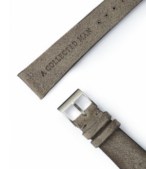 Buy rugged suede quality watch strap in drifting ash grey from A Collected Man London, in short or regular lengths. We are proud to offer these hand-crafted watch straps, thoughtfully made in Europe, to suit your watch. Available to order online for worldwide delivery.