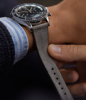 Buy rugged suede quality watch strap in drifting ash grey from A Collected Man London, in short or regular lengths. We are proud to offer these hand-crafted watch straps, thoughtfully made in Europe, to suit your watch. Available to order online for worldwide delivery.