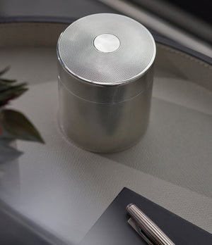 buy pre-owned vintage Hermès by Ravinet d'Enfert silver engine-turned cigarette pot canister box for sale online A Collected Man London UK specialist of rare collectable objects