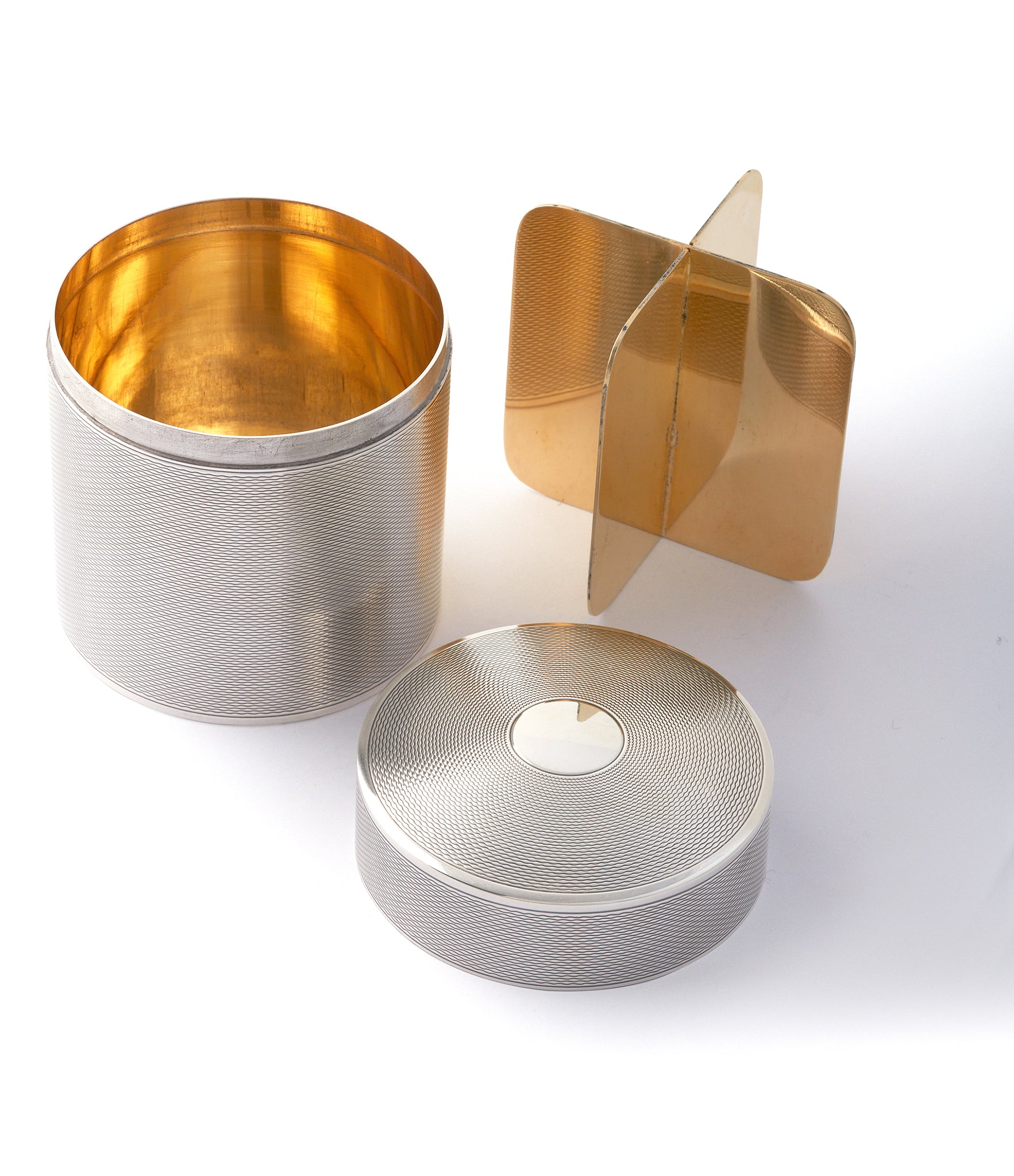 vintage luxury objet d'art Hermès by Ravinet d'Enfert silver engine-turned cigarette pot canister box for sale online A Collected Man London UK specialist of rare collectable objects