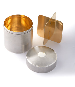 vintage luxury objet d'art Hermès by Ravinet d'Enfert silver engine-turned cigarette pot canister box for sale online A Collected Man London UK specialist of rare collectable objects
