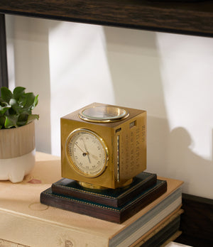 Rare vintage Hermes Paris Compendium 8-day Art Deco brass calendar desk clock for sale online at A Collected Man London