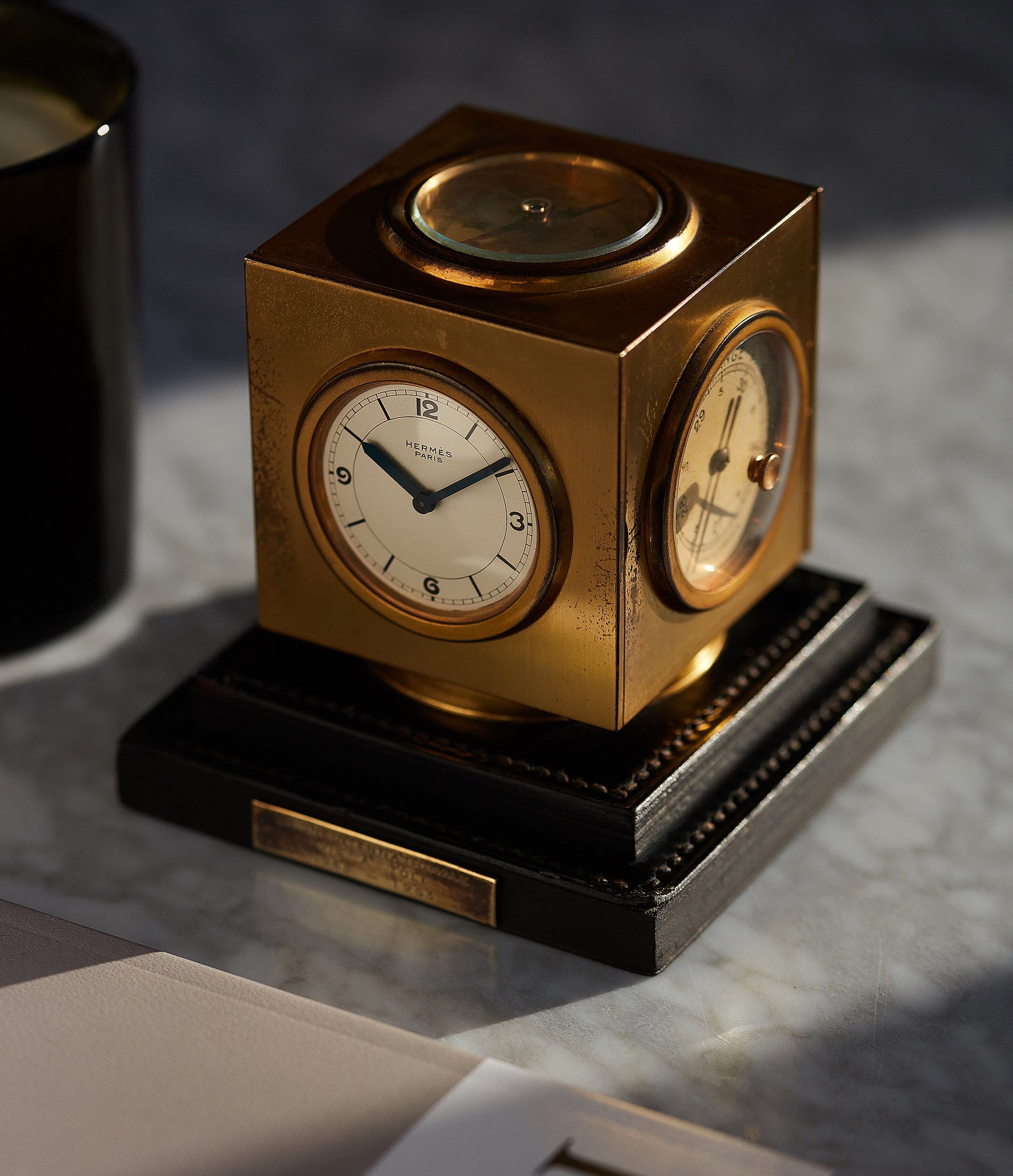 cool vintage object Hermes Paris Compendium 8-day Art Deco brass calendar desk clock for sale online at A Collected Man for collectors of rare objects