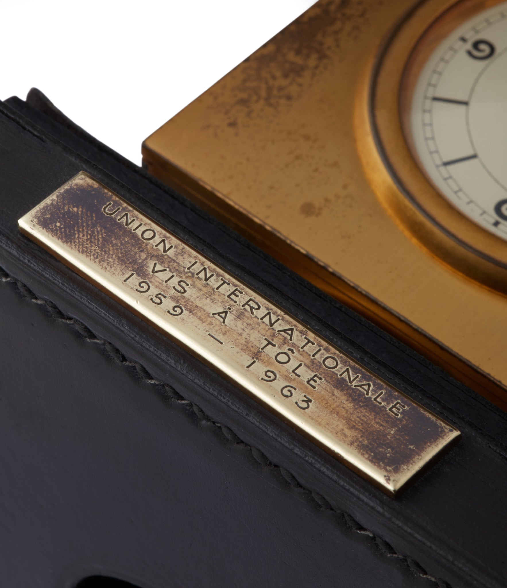brass Hermes Paris Compendium 8-day Art Deco calendar desk clock for sale online at A Collected Man for collectors of rare objects