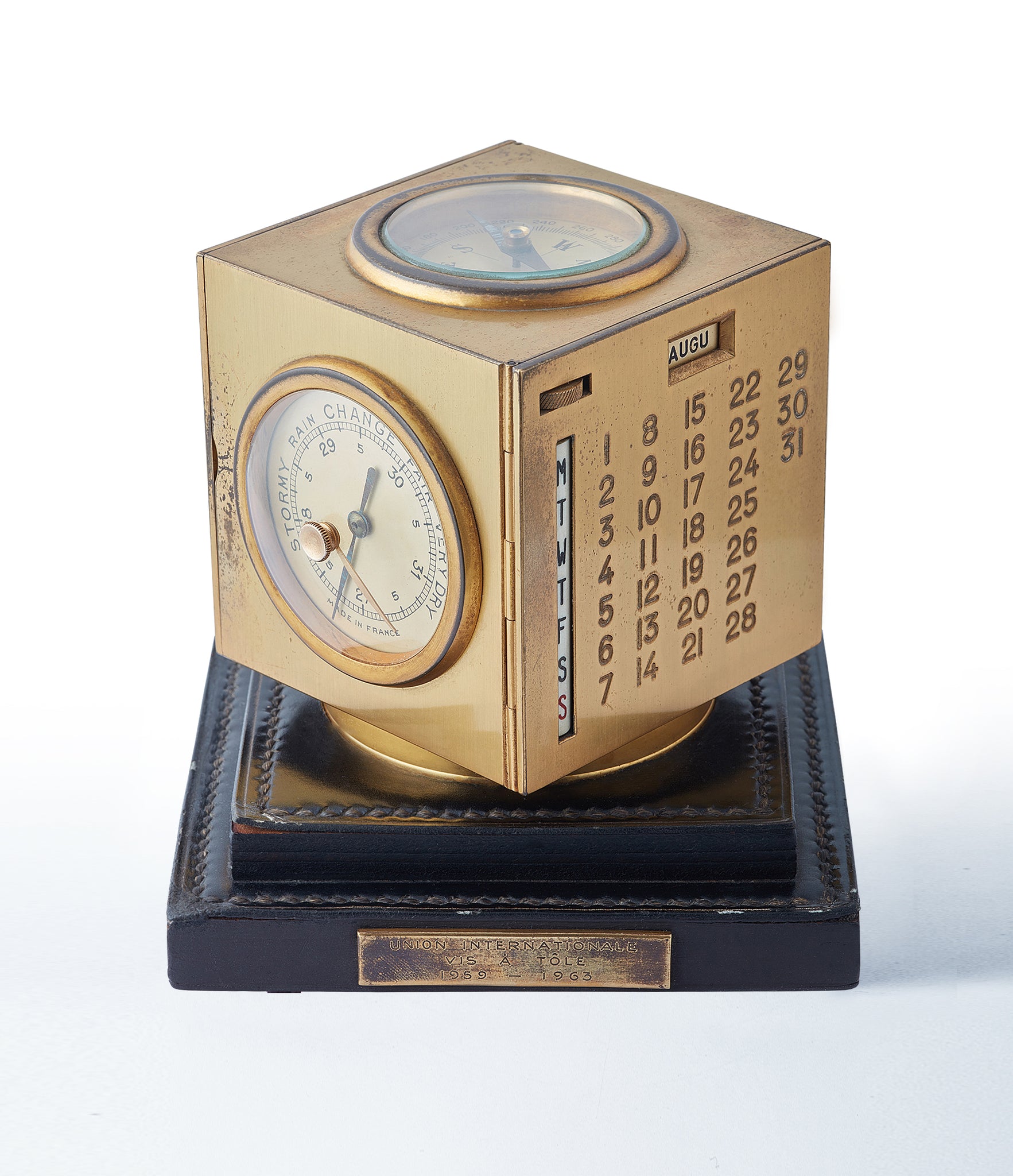 selling vintage Hermes Paris Compendium 8-day Art Deco brass calendar desk clock for sale online at A Collected Man for collectors of rare objects