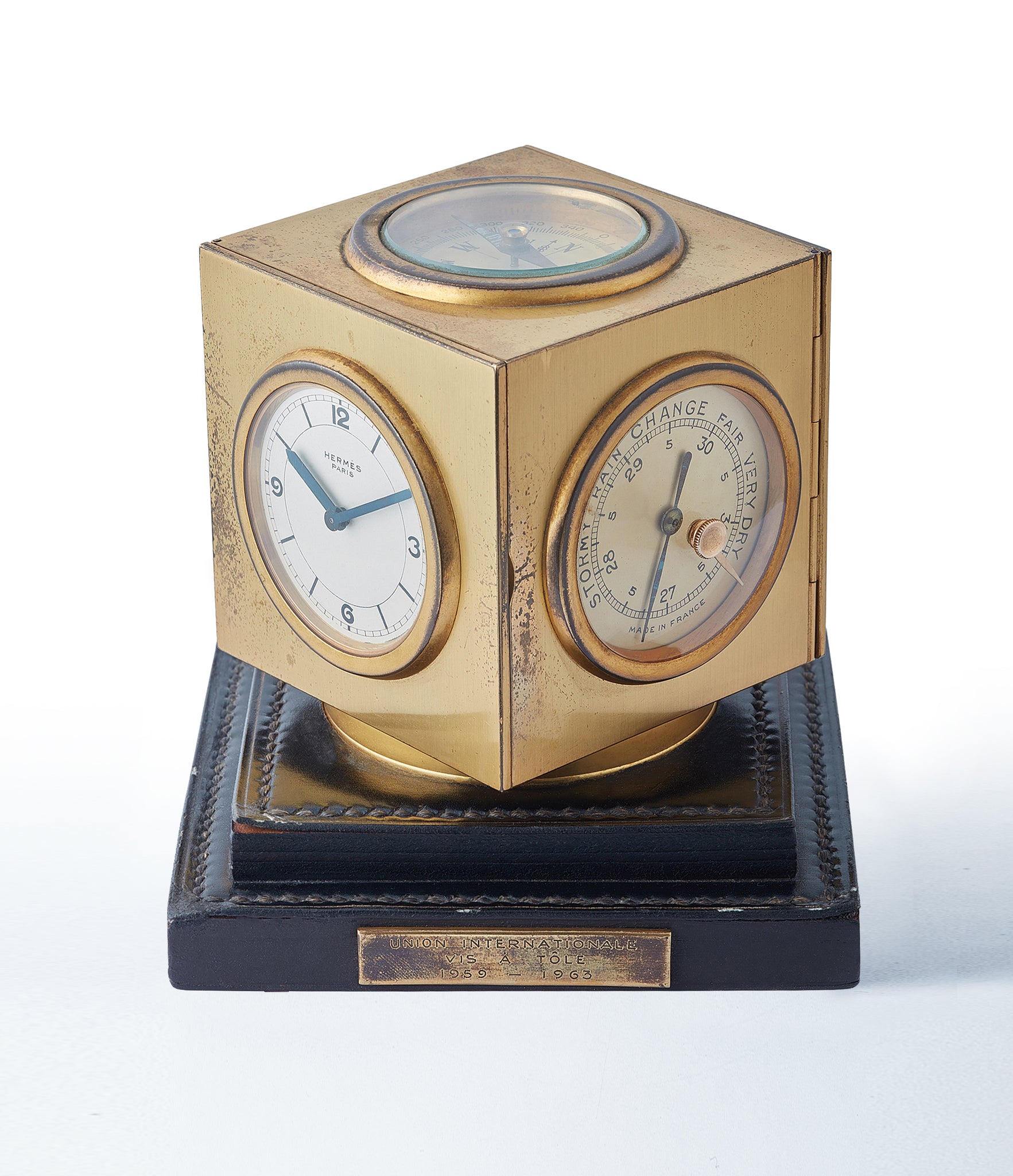rare Hermes Compendium 8-day Art Deco brass calendar desk clock for sale online at A Collected Man for collectors of rare objects