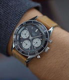 on the wrist Heuer Autavia 2446 Second Execution Valjoux 72 rare first-owner steel racing sport watch for sale online at A Collected Man London UK rare watch specilaist