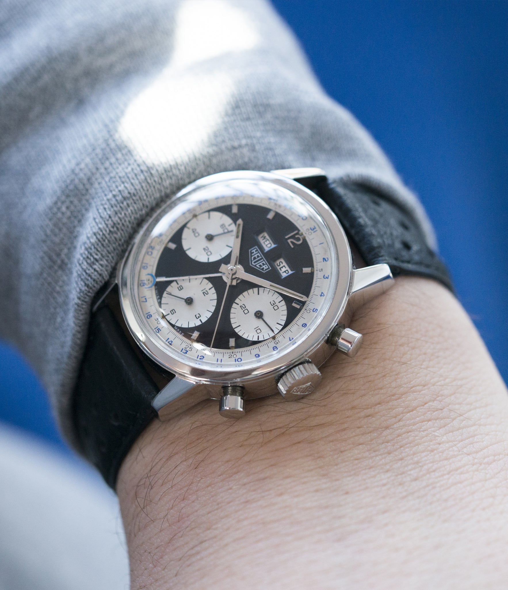 on the wrist vintage Heuer Carrera 2546NS Dato 12 panda dial triple calendar chronograph most complicated Heuer watch for sale online at A Collected Man London UK specialist of rare watches