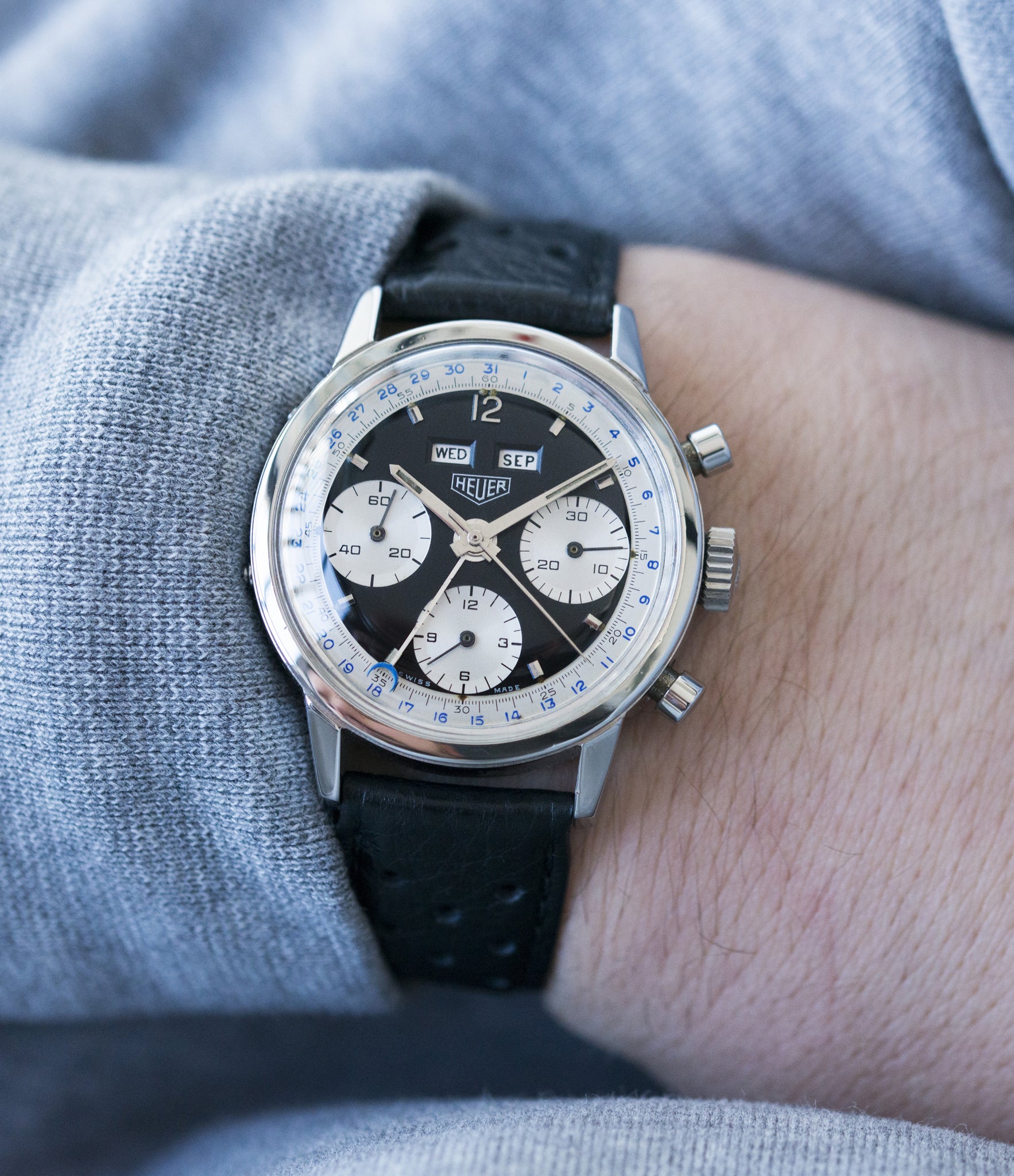 most complicated Heuer panda dial triple calendar chronograph vintage Heuer Carrera 2546NS Dato 12 watch for sale online at A Collected Man London UK specialist of rare watches
