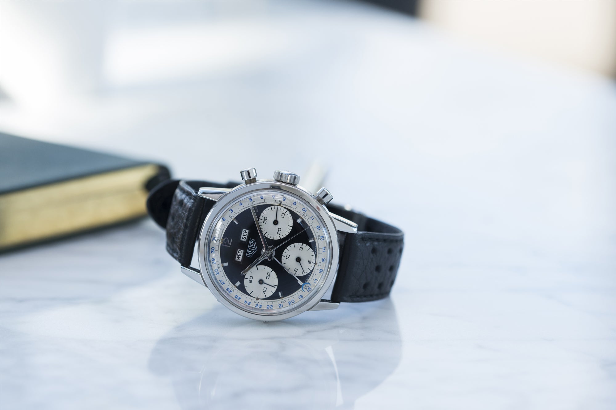 vintage Heuer 2546NS Dato 12 panda dial most complicated triple calendar chronograph vintage Heuer Carrera watch for sale online at A Collected Man London UK specialist of rare watches