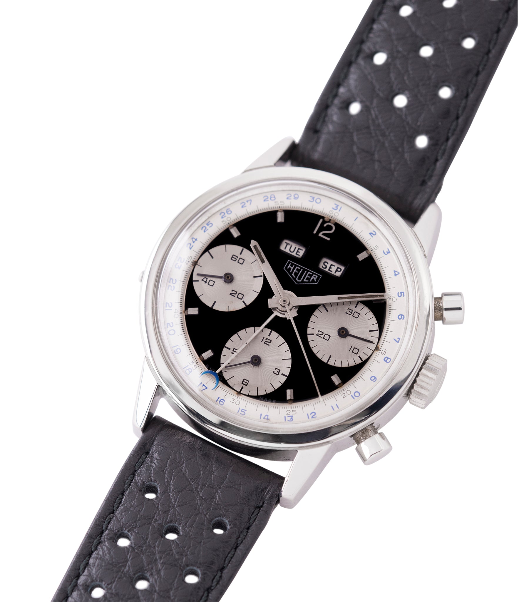 vintage Heuer Carrera 2546NS Dato 12 panda dial triple calendar chronograph most complicated Heuer watch for sale online at A Collected Man London UK specialist of rare watches