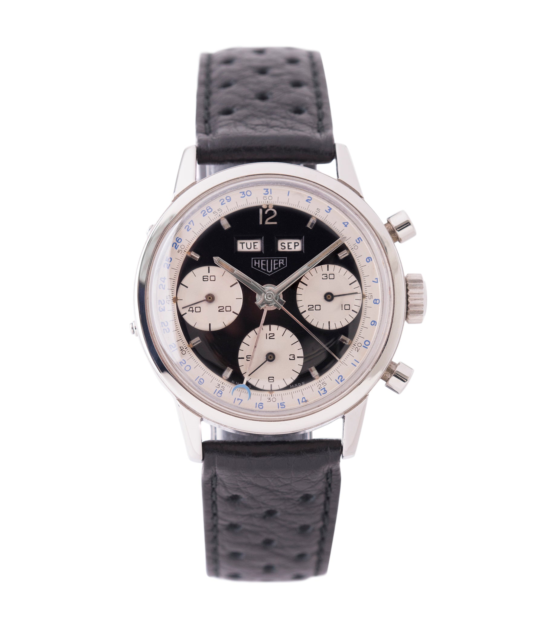 buy vintage Heuer Carrera 2546NS Dato 12 panda dial triple calendar chronograph most complicated Heuer watch for sale online at A Collected Man London UK specialist of rare watches