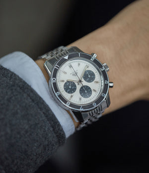 on wrist Heuer Autavia 2446 C SN silver dial rare chronograph test dial Valjoux 72 watch