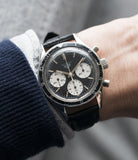 on the wrist Heuer Autavia Rindt 2446 Valjoux 72 manual-winding steel sport chronograph watch for sale online at A Collected Man London UK vintage rare watch specialist