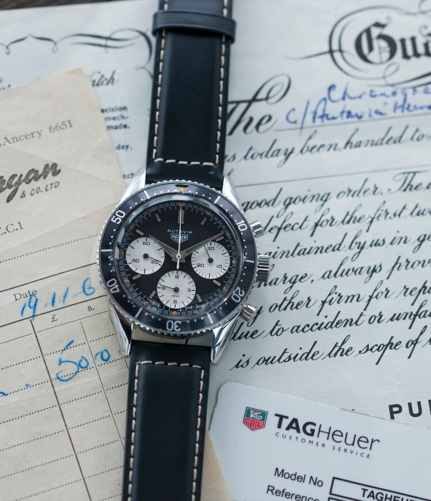 full set Heuer Autavia 2446 Second Execution Valjoux 72 rare first-owner chronograph steel racing sport watch for sale online at A Collected Man London UK rare watch specilaist