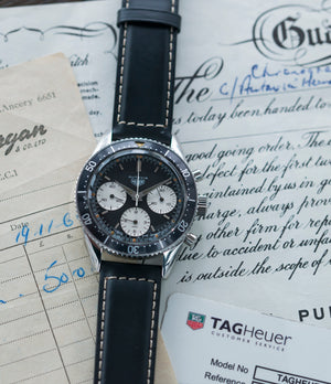 full set Heuer Autavia 2446 Second Execution Valjoux 72 rare first-owner chronograph steel racing sport watch for sale online at A Collected Man London UK rare watch specilaist