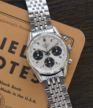 silver black dial vintage sports wristwatch Heuer Carrera 2447SND panda dial steel sport watch online at A Collected Man London UK specialist of rare vintage watches