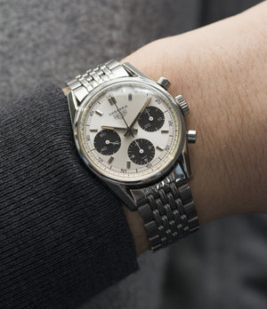 on the wrist vintage Heuer Carrera 2447SND panda dial steel sport watch online at A Collected Man London UK specialist of rare vintage watches