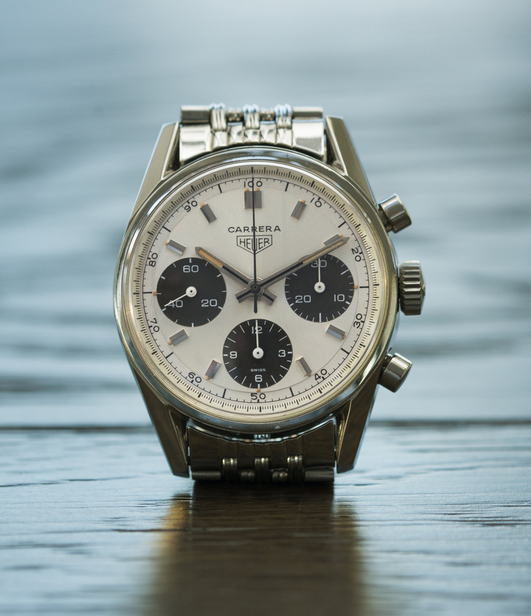 buying vintage Heuer Carrera 2447SND panda dial steel sport watch online at A Collected Man London UK specialist of rare vintage watches