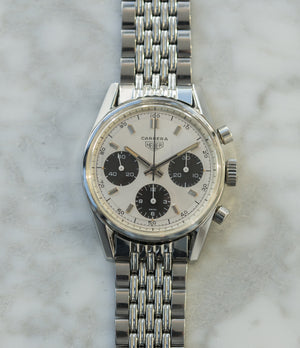 vintage steel chronograph Heuer Carrera 2447SND vintage steel sport watch panda dial buy online at A Collected Man London UK specialist of rare vintage watches