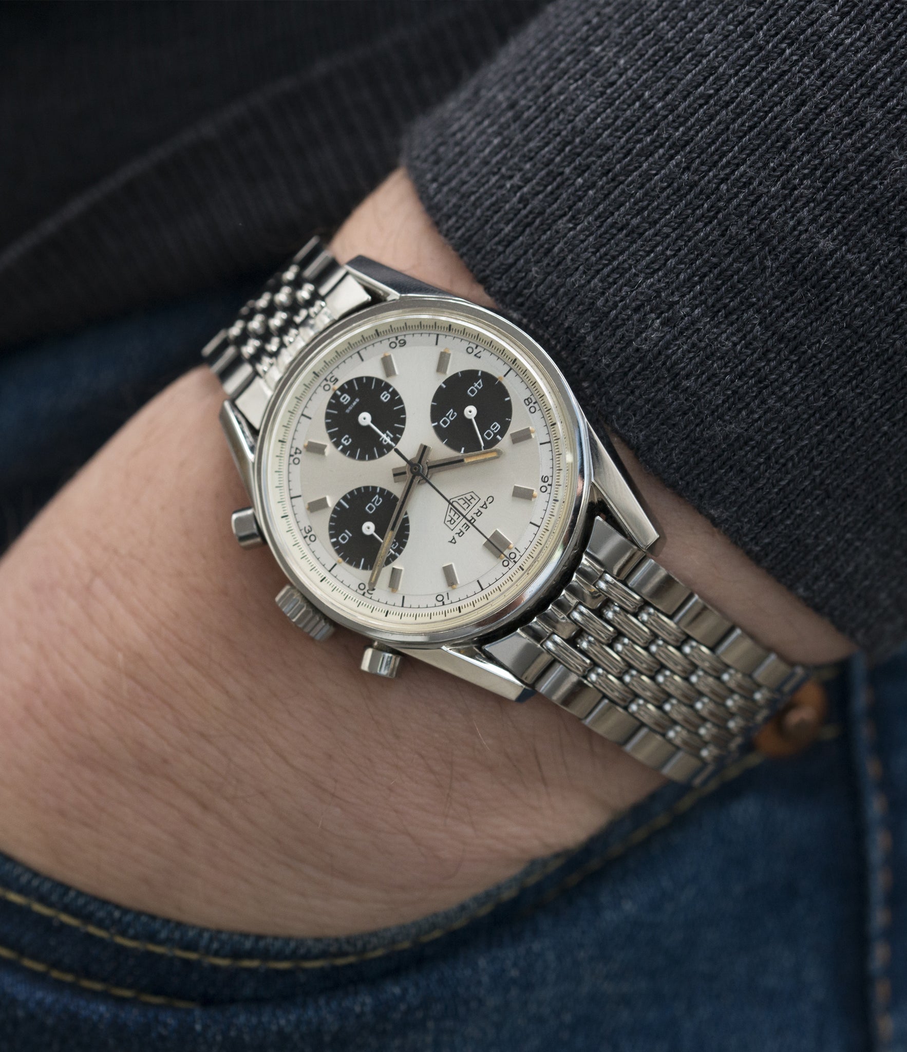 vintage sports wristwatch Heuer Carrera 2447SND panda dial steel sport watch online at A Collected Man London UK specialist of rare vintage watches