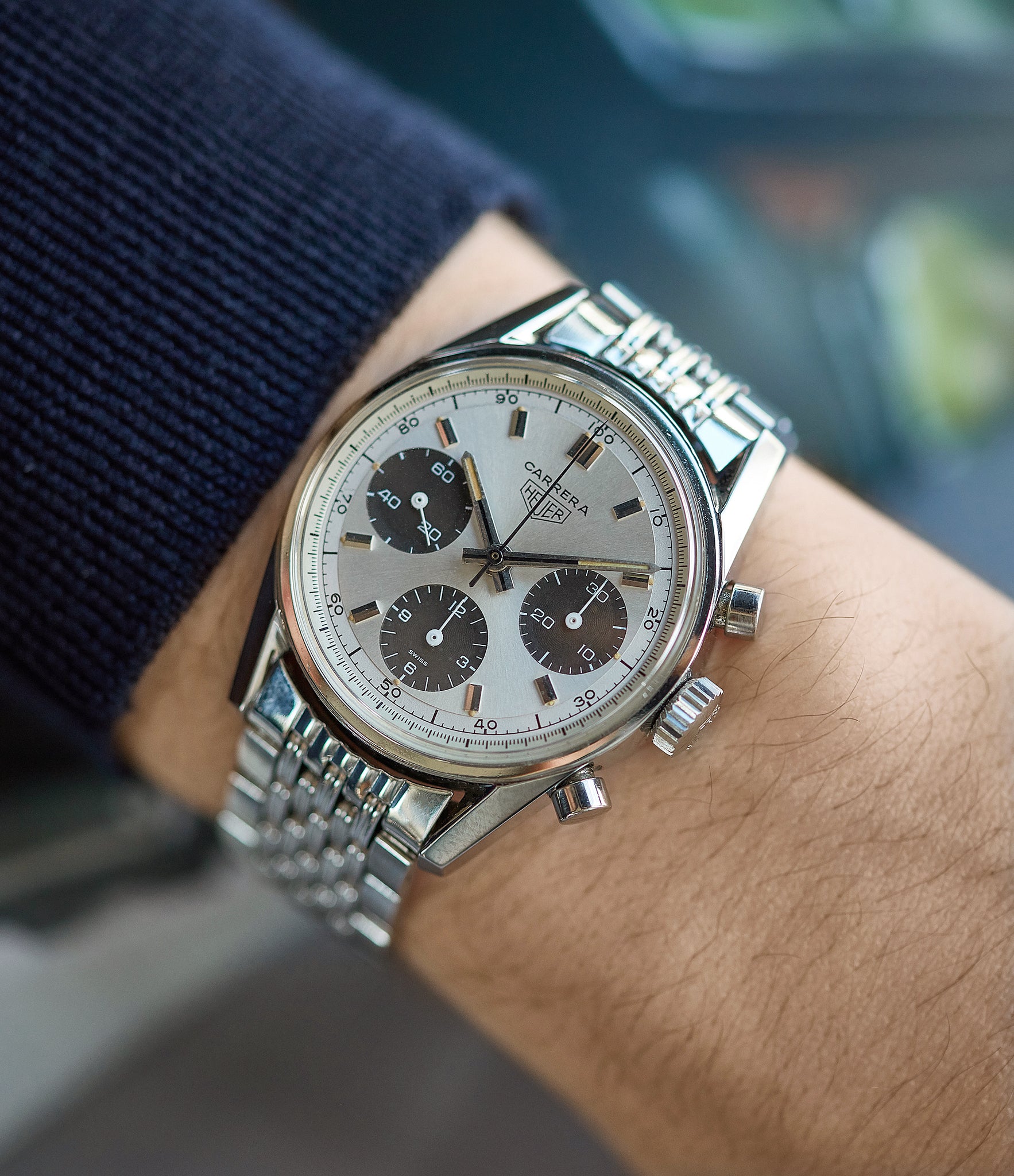 on the wrist vintage Heuer Carrera 2447SND panda dial steel sport watch online at A Collected Man London UK specialist of rare vintage watches