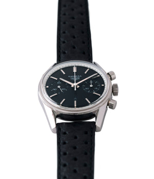 buying vintage Heuer Carrera 3647N chronograph steel watch tritium black dial for sale at A Collected Man London