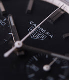 rare black dial vintage Heuer Carrera 3647N chronograph steel watch tritium black dial for sale at A Collected Man London