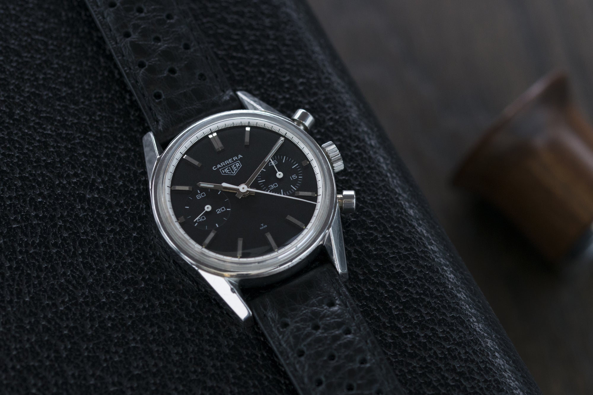 3627N T Swiss black dial Heuer Carrera 3647N chronograph steel watch tritium black dial for sale at A Collected Man London