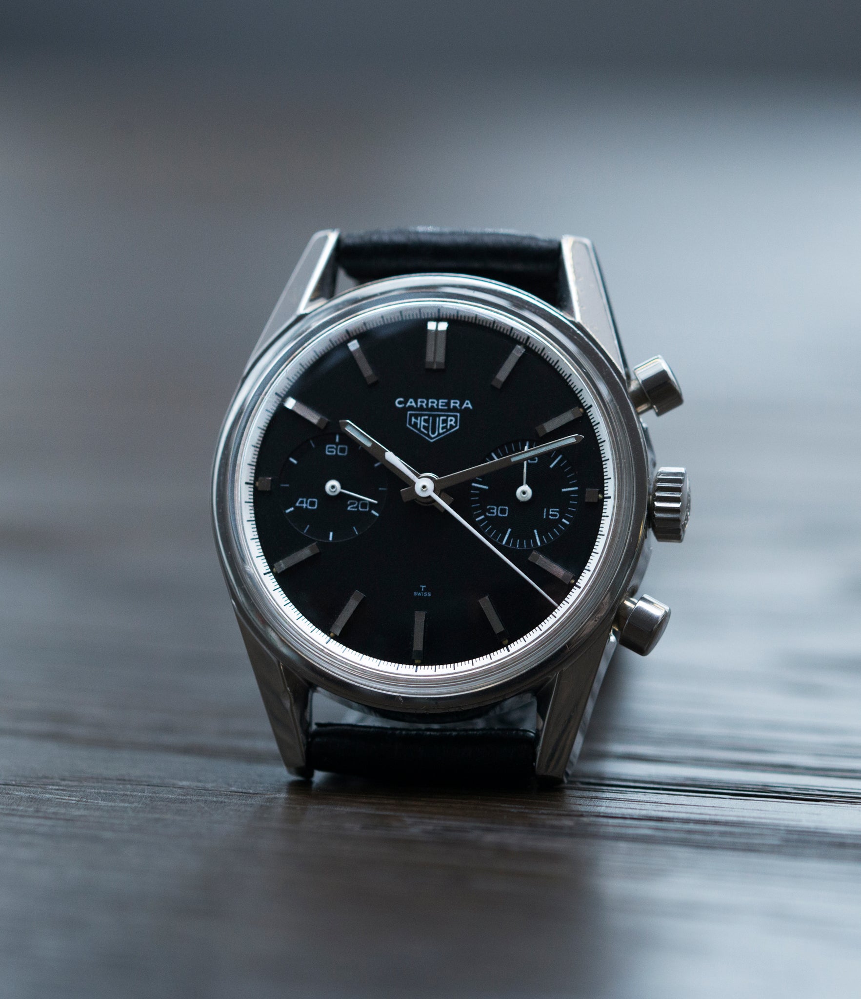vintage Heuer Carrera 3647N chronograph steel watch tritium black dial for sale at A Collected Man London