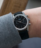 on the wrist vintage Heuer Carrera 3647N chronograph steel watch tritium black dial for sale at A Collected Man London