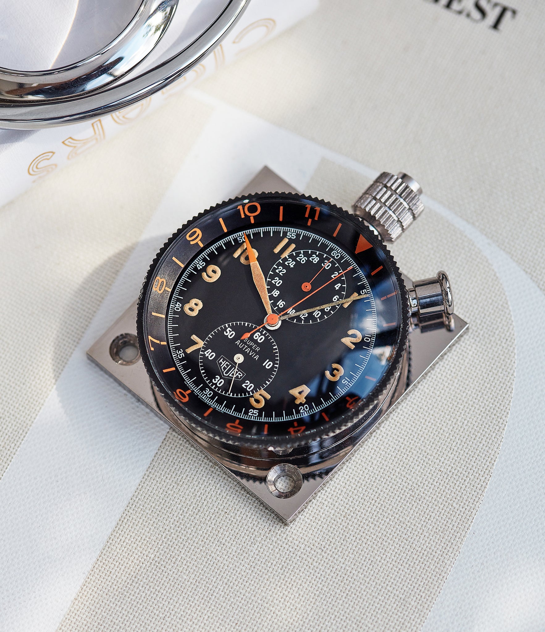 Rare vintage Heuer Super Autavia Dashboard Timer with black dial available to buy at A Collected Man