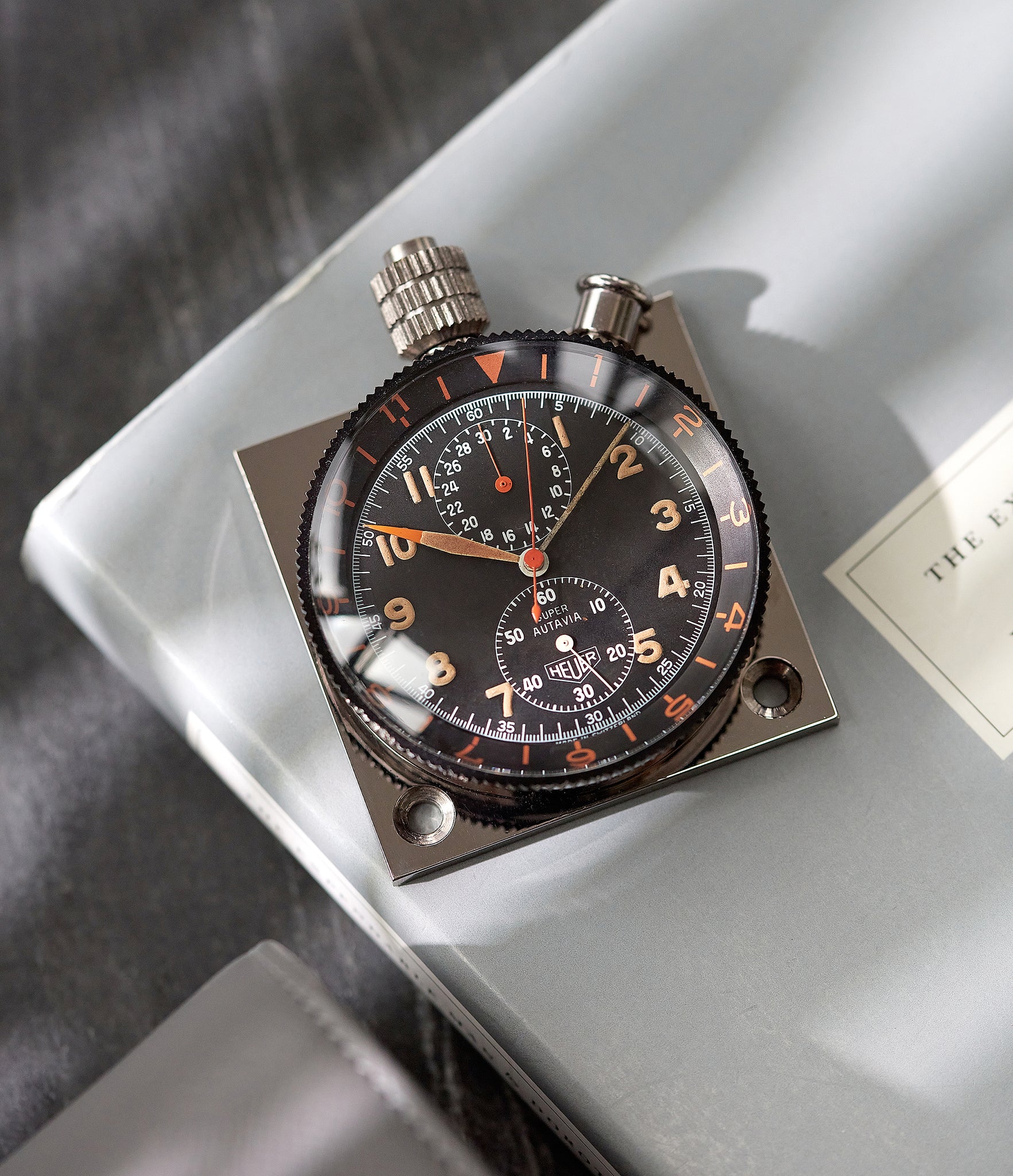 Rare vintage Heuer Super Autavia Dashboard Timer with black dial available to buy at A Collected Man