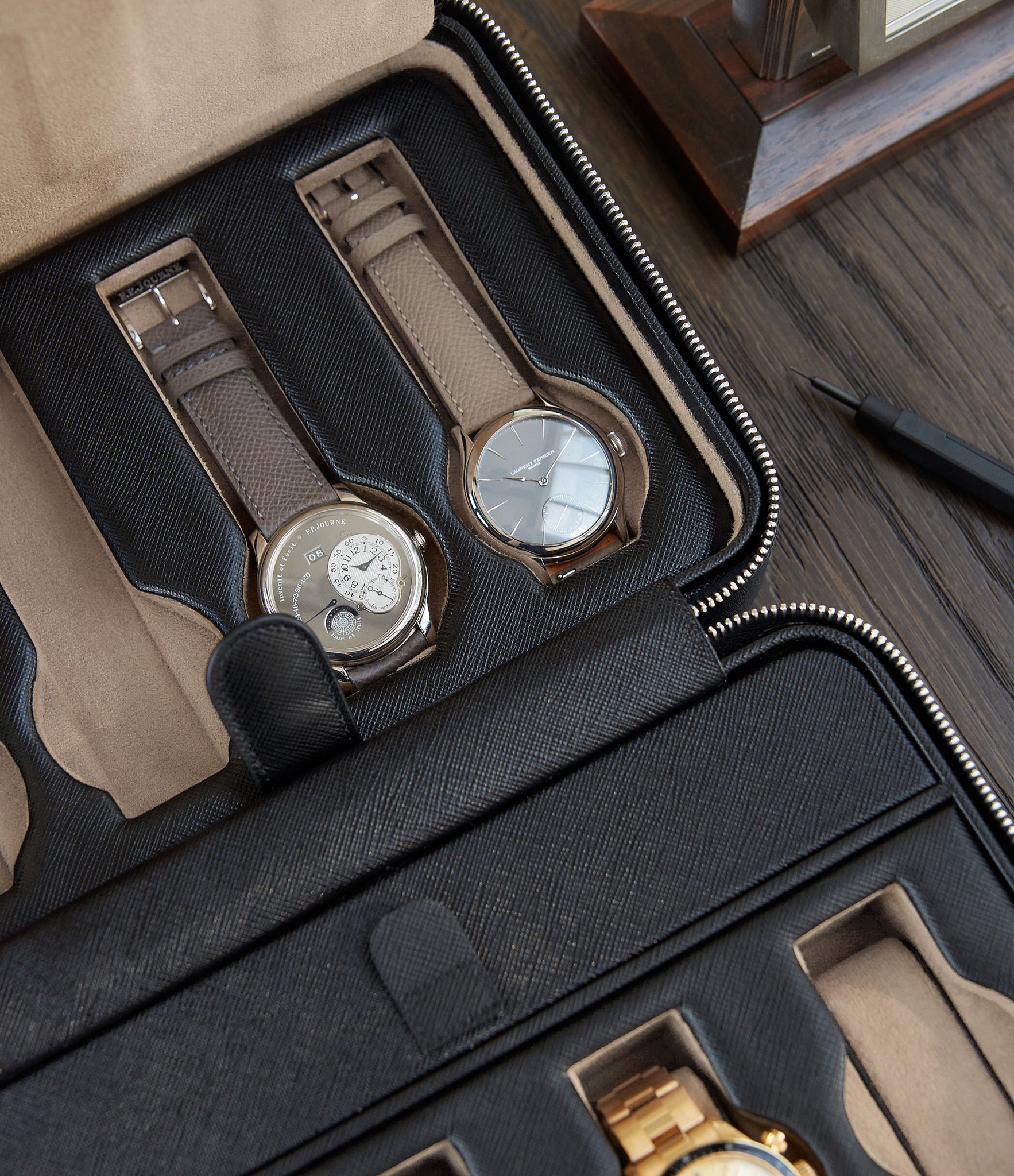 Hong Kong, eight-watch box with compartment, black, saffiano leather | Buy A Collected Man Accessories