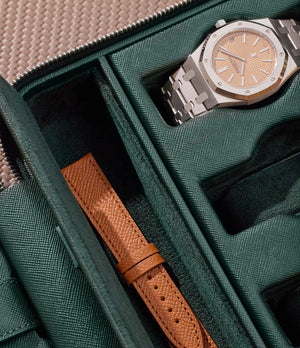 Hong Kong, eight-watch box with compartment, emerald, saffiano leather | Buy at A Collected Man London
