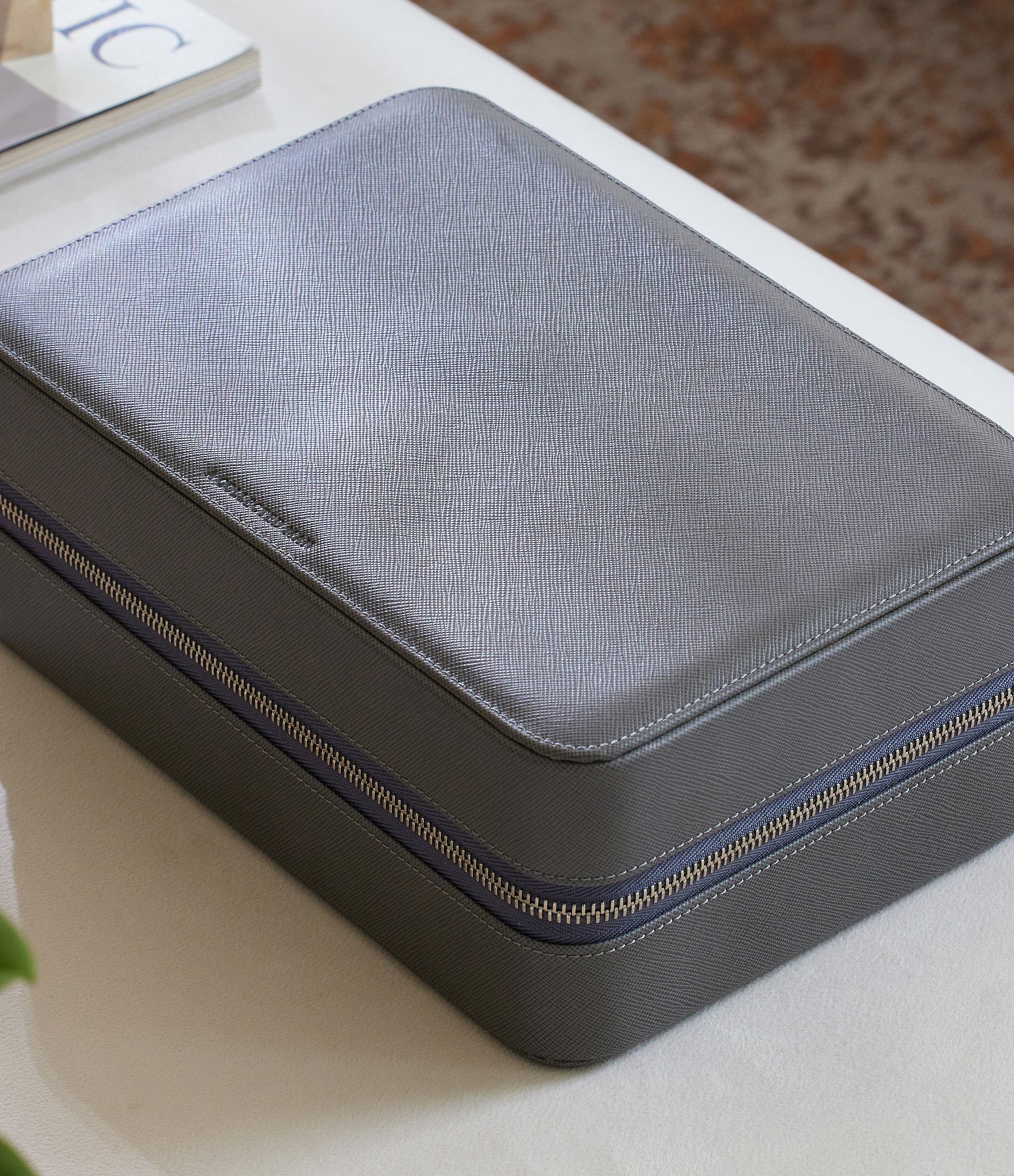 Hong Kong, eight-watch box with compartment, lava grey, saffiano leather | Buy at A Collected Man London