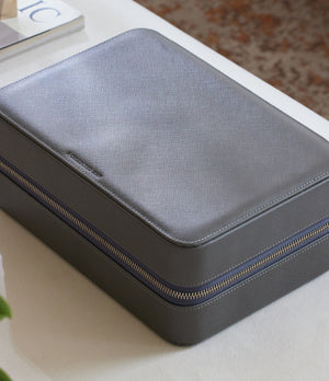 Hong Kong, eight-watch box with compartment, lava grey, saffiano leather | Buy at A Collected Man London
