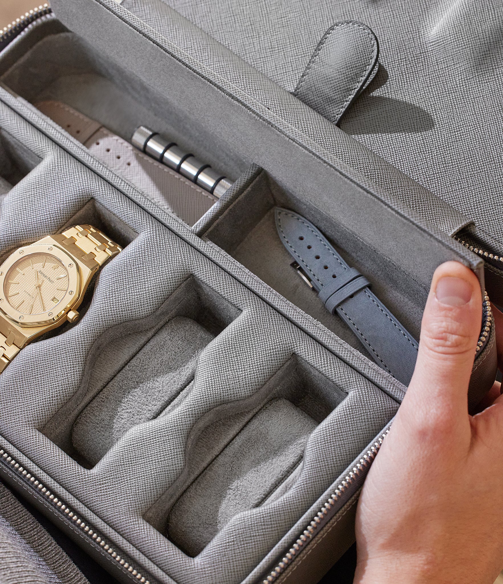 Hong Kong, eight-watch box with compartment, lava grey, saffiano leather | Buy at A Collected Man London