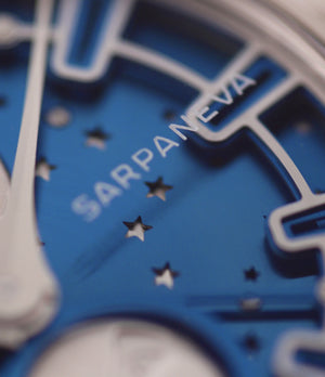 Sarpaneva Korona K3 Northern Stars  steel automatic pre-owned watch with Moon and Little Bear constellation on a blue dial with moon and stars on black strap