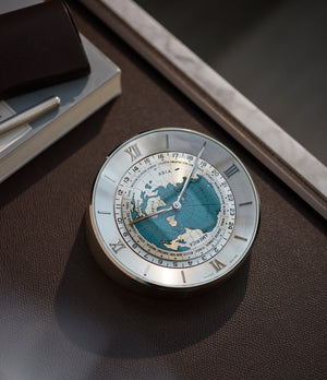 rare IMHOF blue dial world time chrome-plated desktop clock with 24 timezones 1960s rare vintage object for sale online at A Collected Man London specialist rare collectables