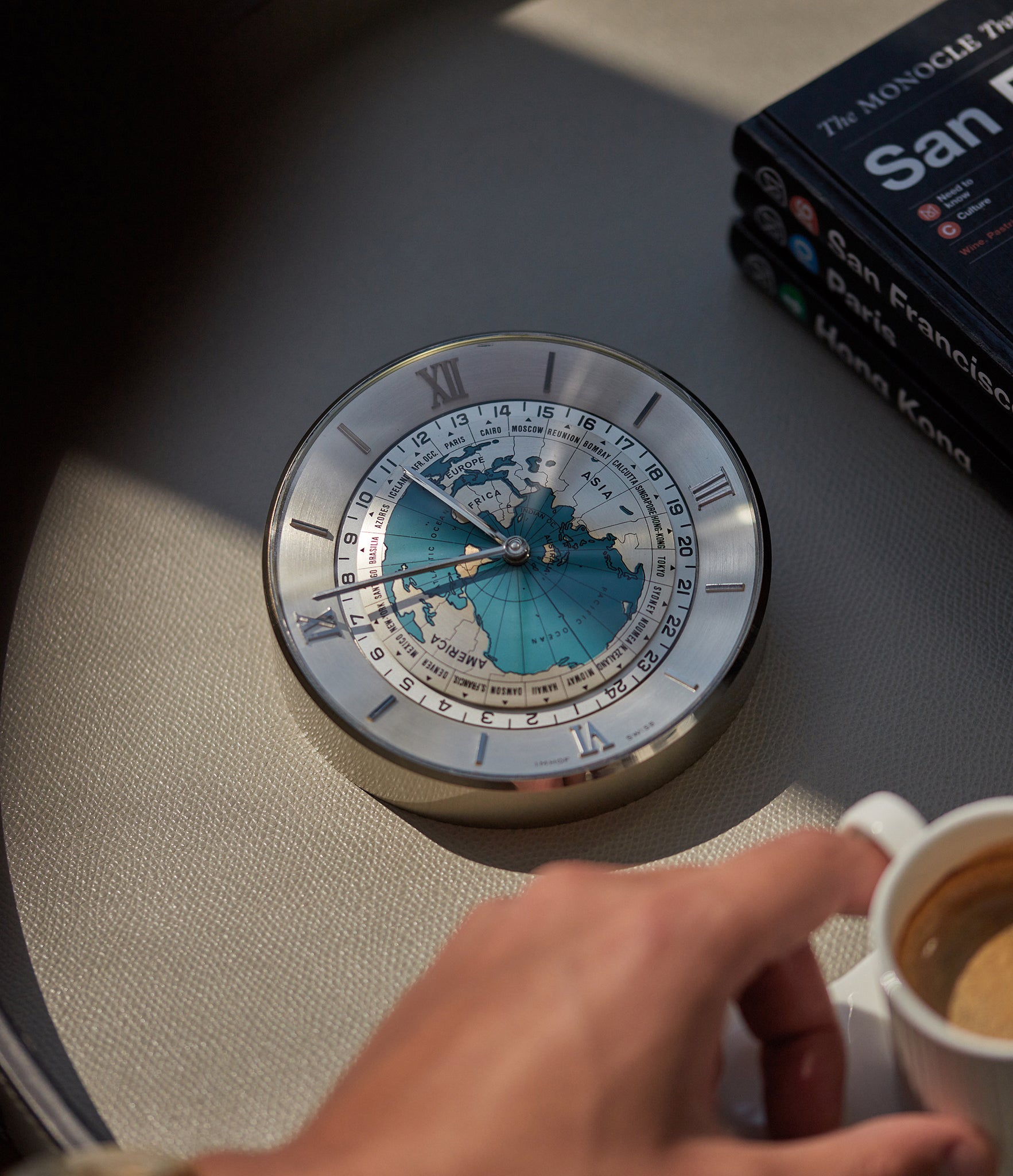 selling IMHOF rare world time chrome-plated desktop clock with 24 timezones 1960s rare vintage object for sale online at A Collected Man London specialist rare collectables