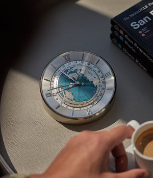 selling IMHOF rare world time chrome-plated desktop clock with 24 timezones 1960s rare vintage object for sale online at A Collected Man London specialist rare collectables