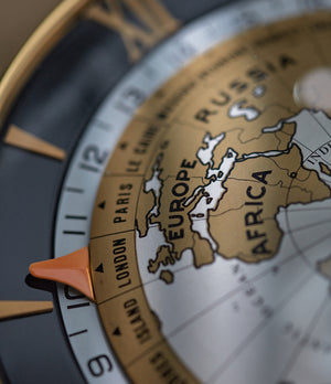 Dial close-up of rare vintage IMHOF World Time Clock with heure universelle complication for sale at A Collected Man London