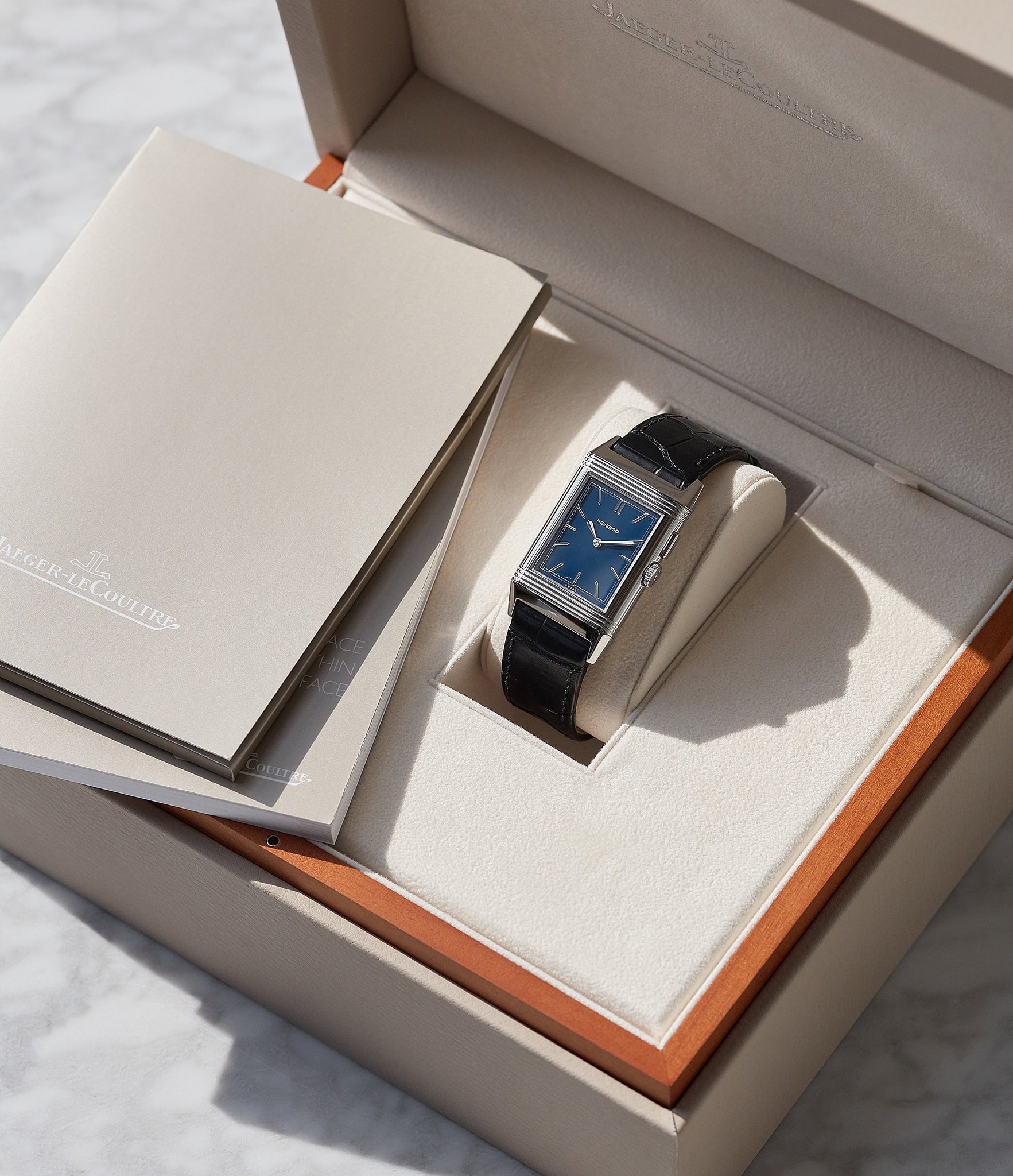 full set Jaeger-LeCoultre Grand Reverso Duoface Blue Ultra-Thin Boutique Edition 278.8.54 steel preowned traveller